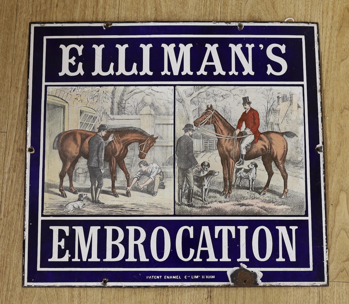 An enamel sign, Elliman's Embrocation, 46 x 51cm